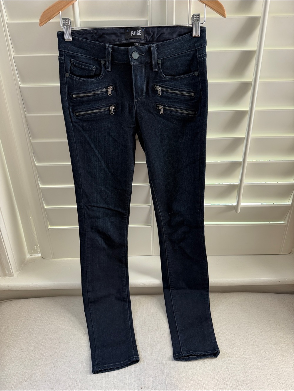 PAIGE Blue Skinny Jeans with Front Zip Pocket Details